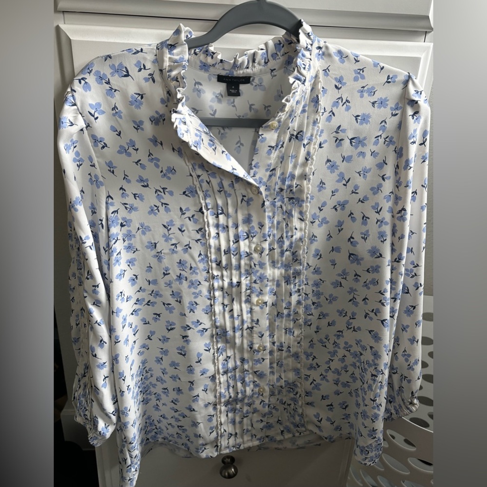 Ann Taylor Cream Shirt with Light Blue Floral Pintuck Front